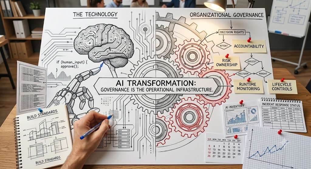 AI Transformation Is a Problem of Governance – Not Technology Enterprise boardroom with executives reviewing AI governance dashboard showing failed AI project metrics and accountability gaps