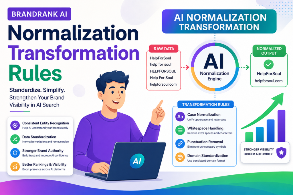AI BrandRank normalization transformation rules infographic showing a human using AI to standardize brand names for improved search visibility, entity recognition, and SEO performance.