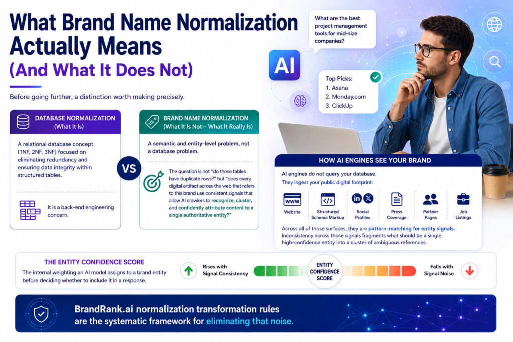 Diagram contrasting database normalization focused on structured table integrity with brand name normalization focused on consistent entity signals across public digital surfaces like websites, social profiles, and press coverage