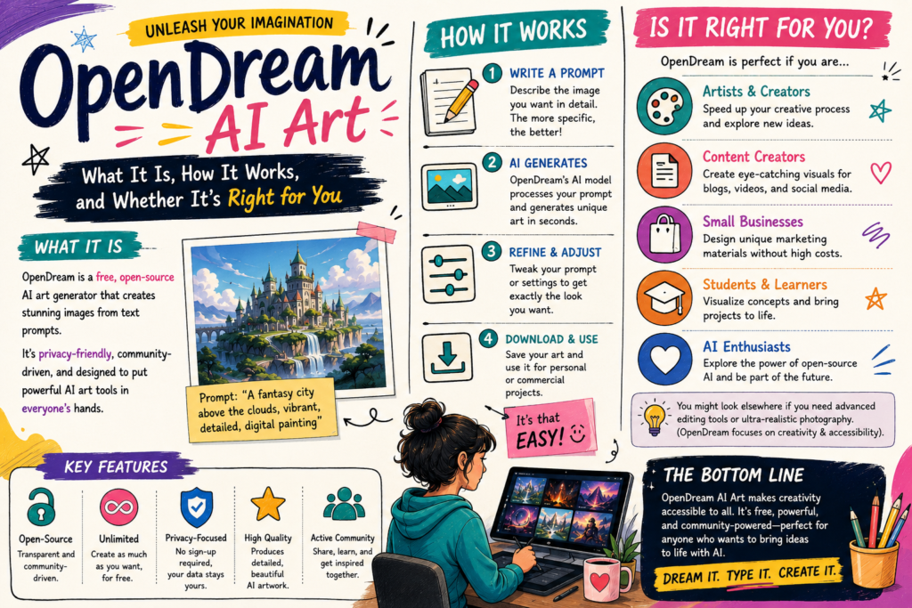 Colorful infographic explaining OpenDream AI Art, including what it is, how it works, its key features, benefits, and why it is a beginner-friendly AI image generator.