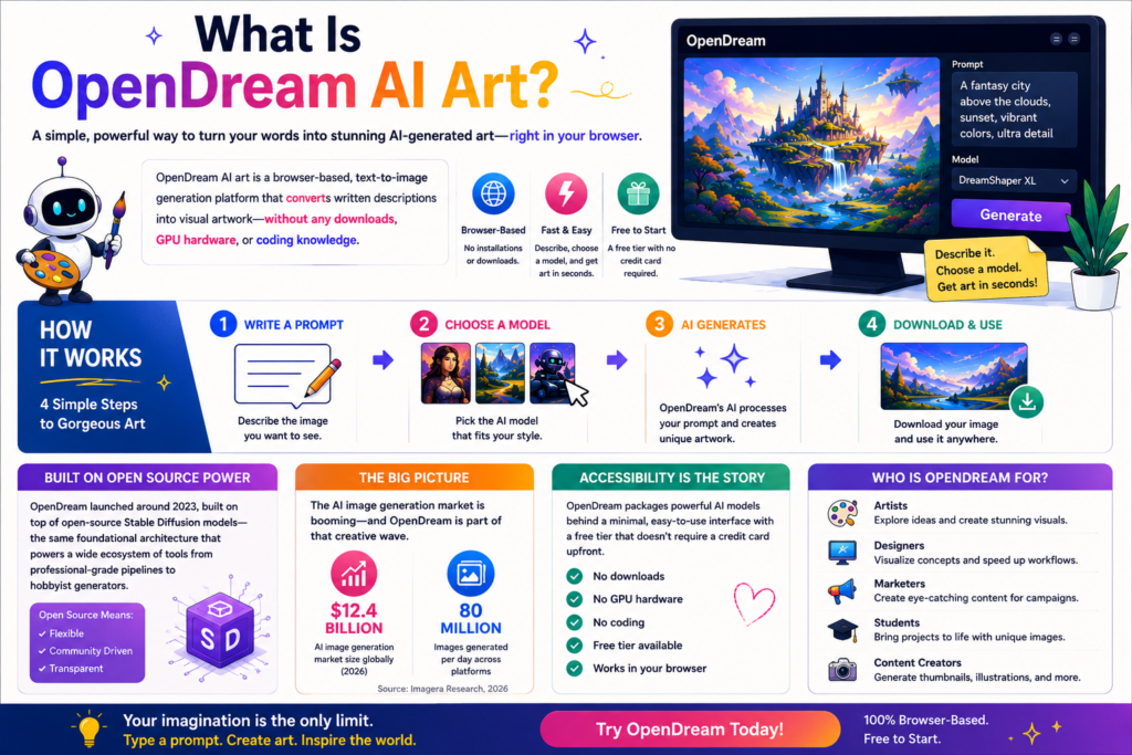 Colorful infographic explaining OpenDream AI Art, a browser-based AI image generator that converts text prompts into artwork with no downloads, coding, or GPU hardware required.