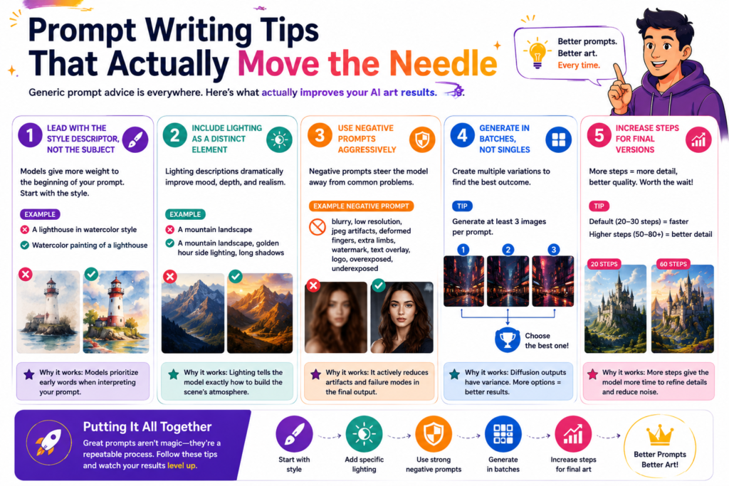Colorful infographic explaining prompt writing tips for AI image generation, including style-first prompts, lighting descriptions, negative prompts, batch generation, and increasing inference steps for higher-quality artwork.