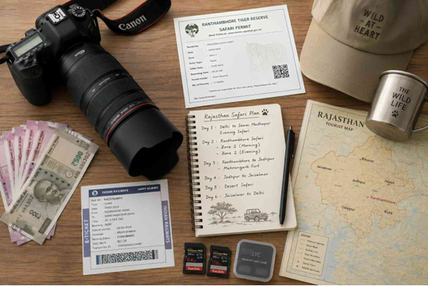 Wildlife photography trip essentials laid out for a budget safari in India including camera gear, permits, and travel documents  
