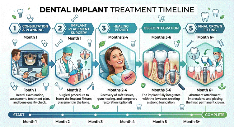 Timeline showing implant placement and healing process before final crown