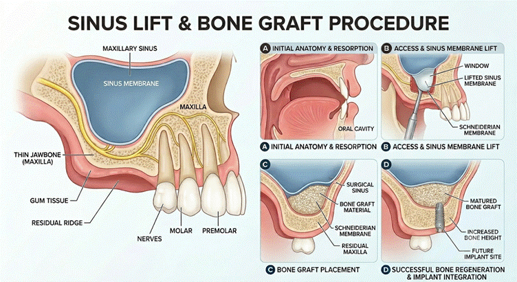 : Illustration of sinus lift and bone graft procedures for dental implants
