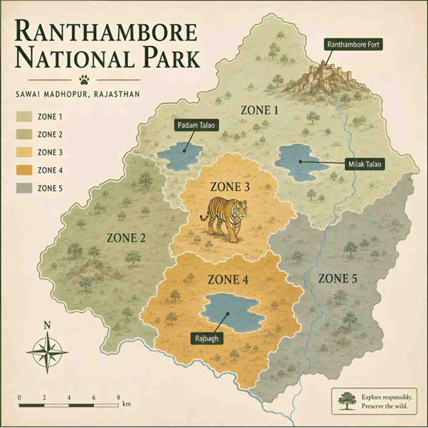 Map of Ranthambore National Park safari zones with Zone 3 and Zone 4 highlighted for November tiger photography  