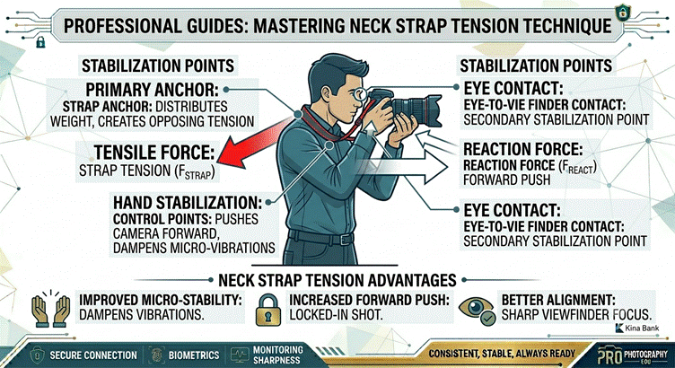 Diagram showing camera strap tension method for reducing shake.