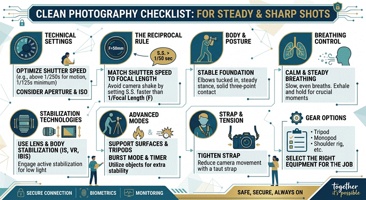 Checklist summarizing steps for sharper handheld photography.