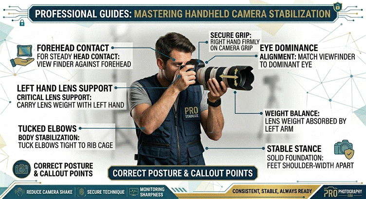 Photographer demonstrating proper handheld camera holding posture.