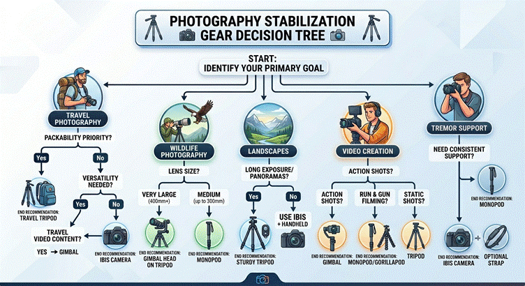 Decision tree for choosing photography stabilization equipment.