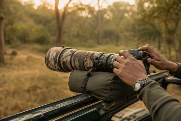 Wildlife photographer using a telephoto lens with bean bag support on a safari jeep in an Indian national park  