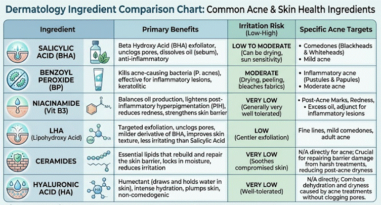 Acne-fighting ingredients compared by benefits and irritation potential.
