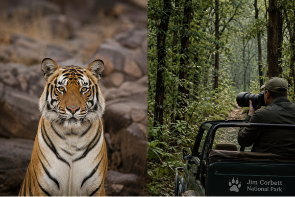Side-by-side comparison of tiger photography conditions at Ranthambore (open terrain) versus Jim Corbett (dense forest) Placement: Below the "portrait studio vs. open newsroom" paragraph