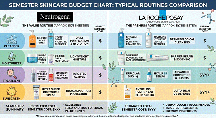 Semester cost comparison between acne routines from both brands.