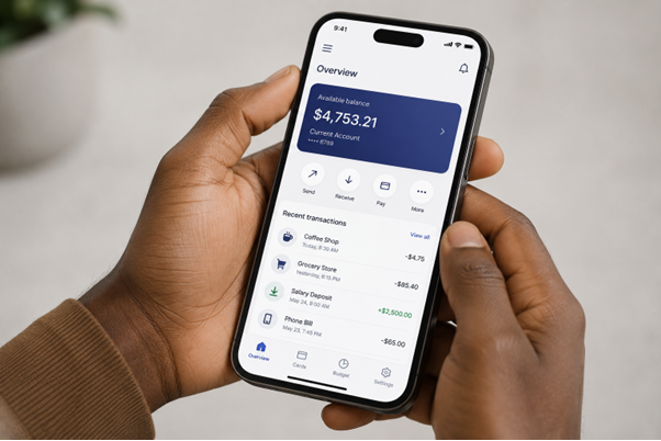 Person using Kina Bank mobile banking app on smartphone to check account balance and conduct transactions in Papua New Guinea
