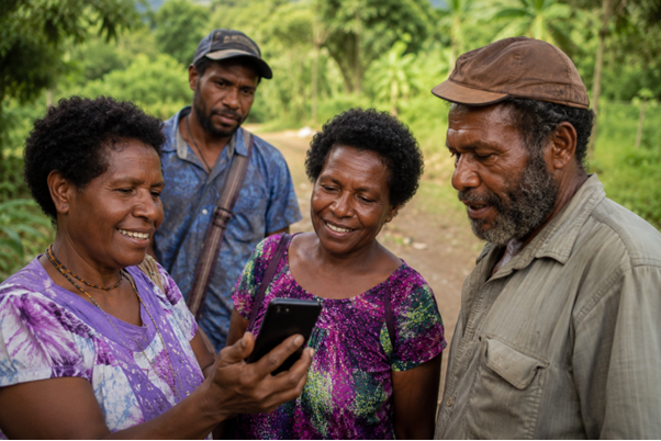 Papua New Guinean community members accessing mobile banking services in a rural village as part of financial inclusion initiatives