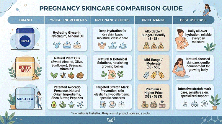Comparison of Nivea, Burt's Bees, and Mustela pregnancy skincare safety profiles.