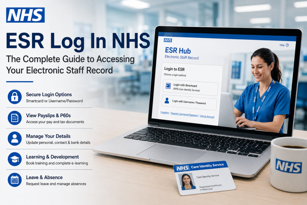 ESR Log In NHS guide showing the ESR Hub login page, smartcard and username/password options, payslips, personal details, training, and leave management.