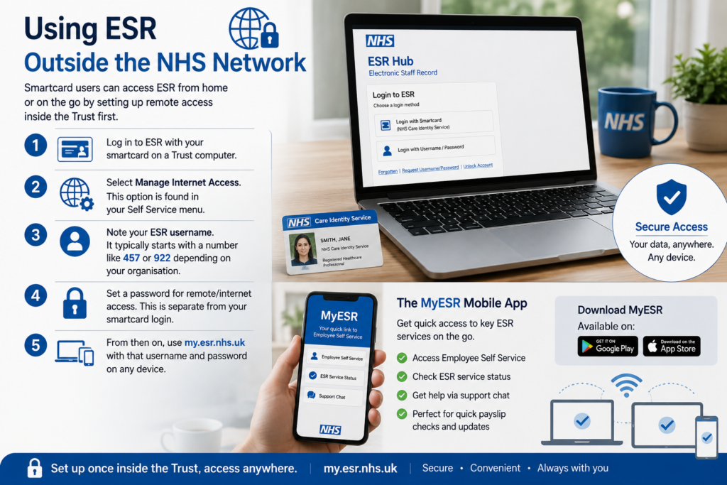 Infographic showing how NHS staff can access ESR remotely using a smartcard, ESR username and password, plus the MyESR mobile app for payslip and Employee Self Service access.