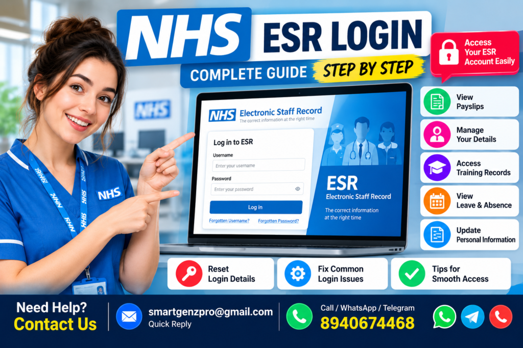 NHS ESR login guide showing the Electronic Staff Record sign-in screen, payslips, training records, leave, personal details, and login support options.