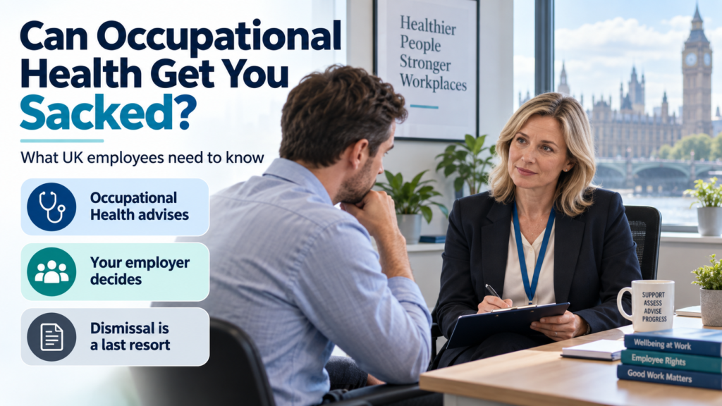 Can Occupational Health Get You Sacked ? What UK Employees Need to Know Occupational Health consultation in the UK showing that Occupational Health advises, employers make decisions, and dismissal should be a last resort.