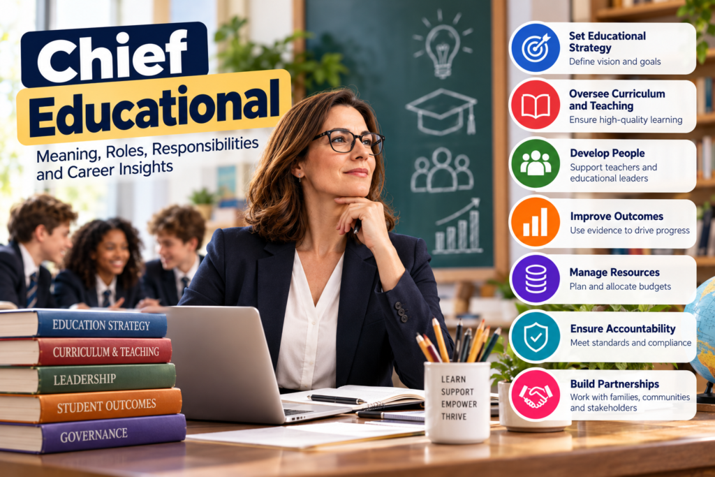 Chief Educational : Meaning, Roles, Responsibilities Chief Educational leadership infographic showing a senior education leader with key responsibilities including strategy, curriculum, staff development, student outcomes, resource management, accountability, and partnerships.