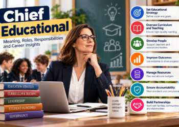 Chief Educational leadership infographic showing a senior education leader with key responsibilities including strategy, curriculum, staff development, student outcomes, resource management, accountability, and partnerships.