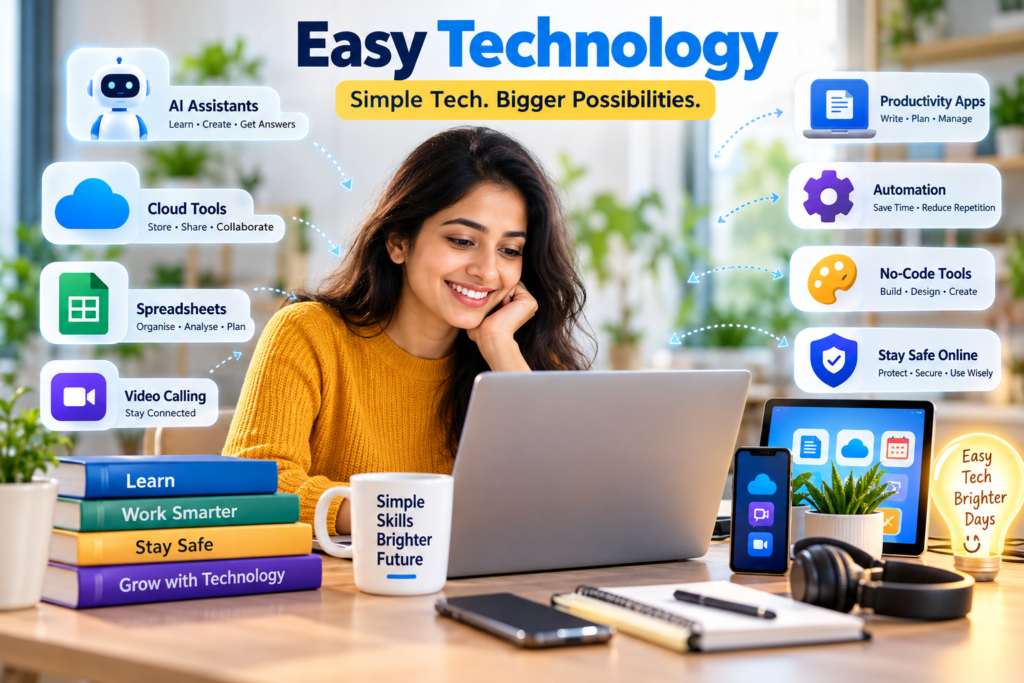 Easy technology infographic showing a woman using a laptop surrounded by AI assistants, cloud tools, spreadsheets, video calling, automation, no-code tools, productivity apps, and online safety icons