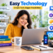 Easy technology infographic showing a woman using a laptop surrounded by AI assistants, cloud tools, spreadsheets, video calling, automation, no-code tools, productivity apps, and online safety icons