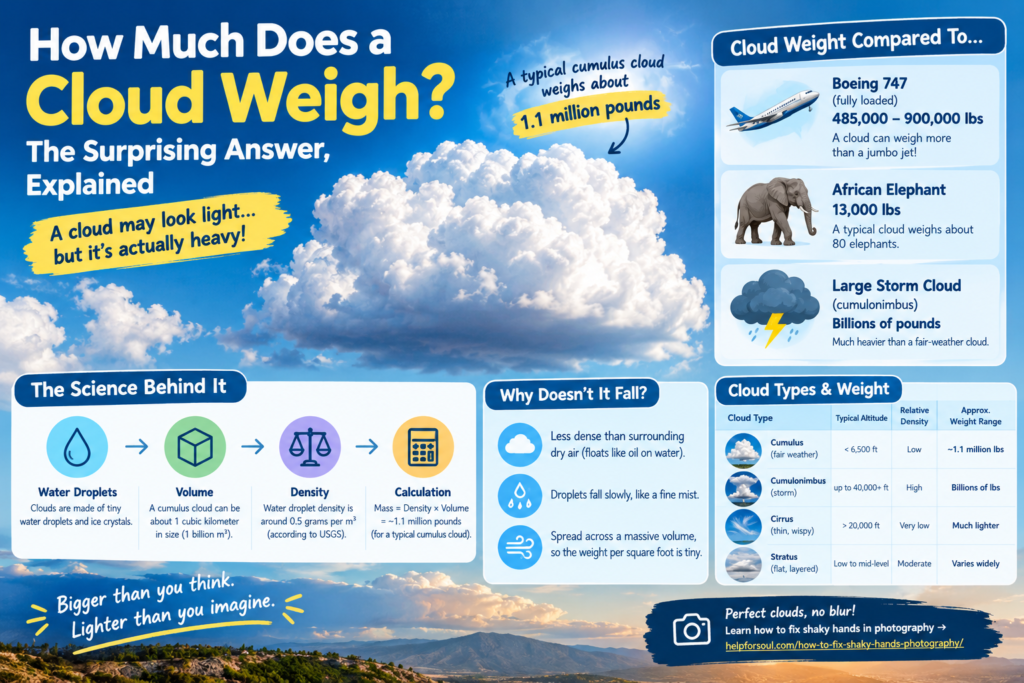 How Much Does a Cloud Weigh ? The Surprising Answer, Explained How much does a cloud weigh? Typical cumulus cloud weighs about 1.1 million pounds