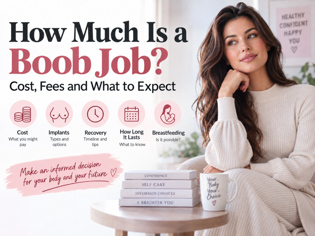 Woman in modest clothing beside an infographic about boob job cost, implants, recovery, lifespan and breastfeeding.