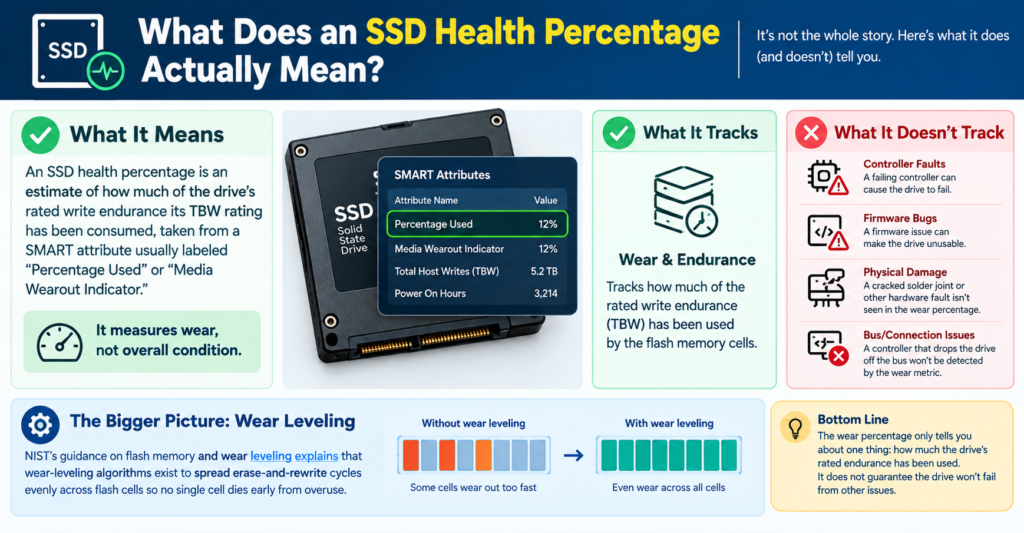 Infographic explaining SSD health percentage, showing SMART attributes, wear and endurance tracking, wear leveling, and SSD problems that health percentages may not detect.