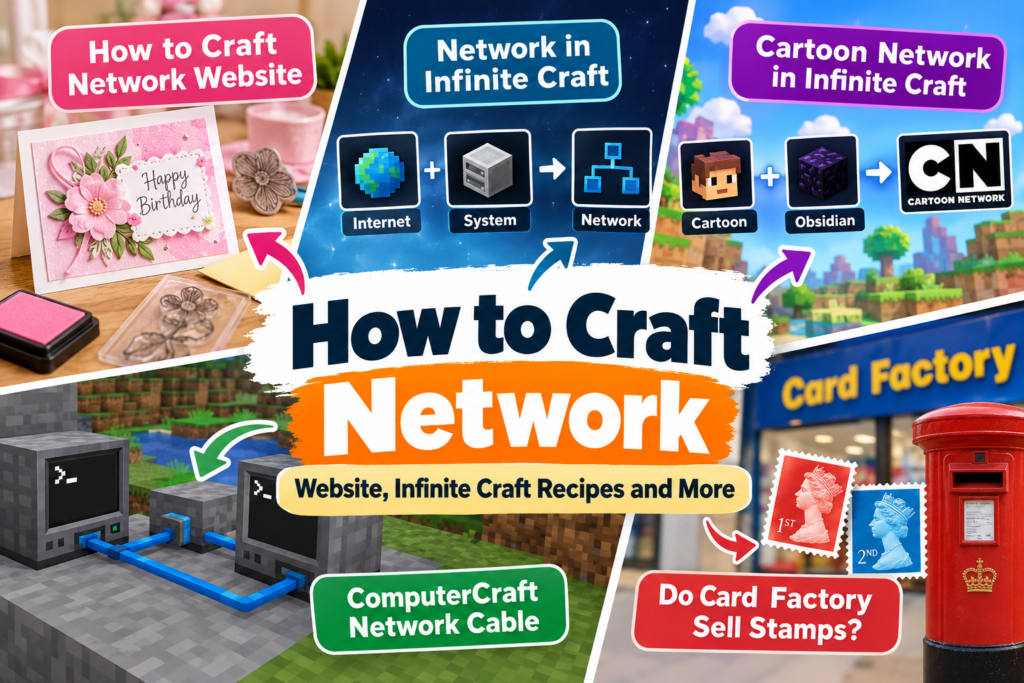 How to Craft Network infographic showing card making, Infinite Craft Network and Cartoon Network recipes, ComputerCraft network cable, and UK postage stamps.
