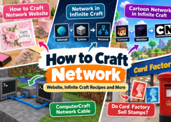 How to Craft Network infographic showing card making, Infinite Craft Network and Cartoon Network recipes, ComputerCraft network cable, and UK postage stamps.