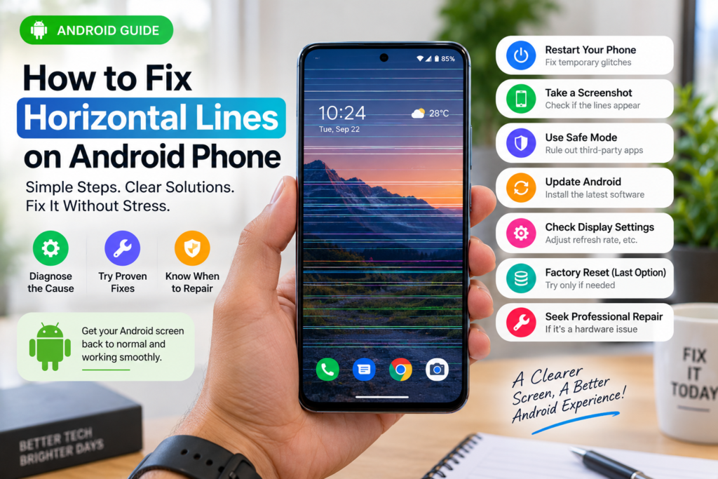 Android phone showing horizontal screen lines with troubleshooting steps including restart, screenshot test, Safe Mode, Android update, display settings, factory reset, and professional repair.