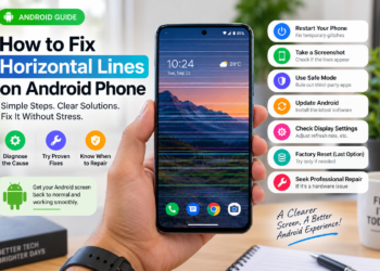 Android phone showing horizontal screen lines with troubleshooting steps including restart, screenshot test, Safe Mode, Android update, display settings, factory reset, and professional repair.