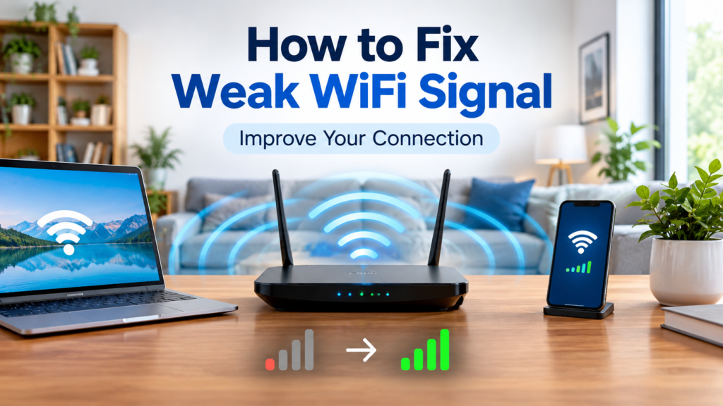 How to Fix a Weak Wi-Fi Signal (Complete Troubleshooting Guide) How to fix weak WiFi signal with a router, laptop, and smartphone Caption: