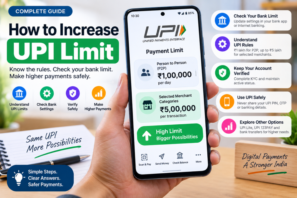 How to Increase UPI Limit : What You Can Actually Change Smartphone showing UPI payment limits with steps to check bank limits, understand UPI rules, verify account details, and make higher-value payments safely.