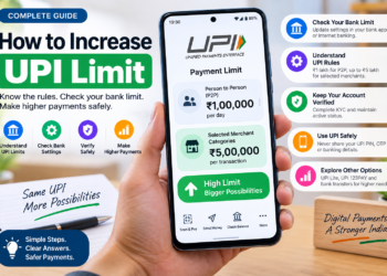 Smartphone showing UPI payment limits with steps to check bank limits, understand UPI rules, verify account details, and make higher-value payments safely.