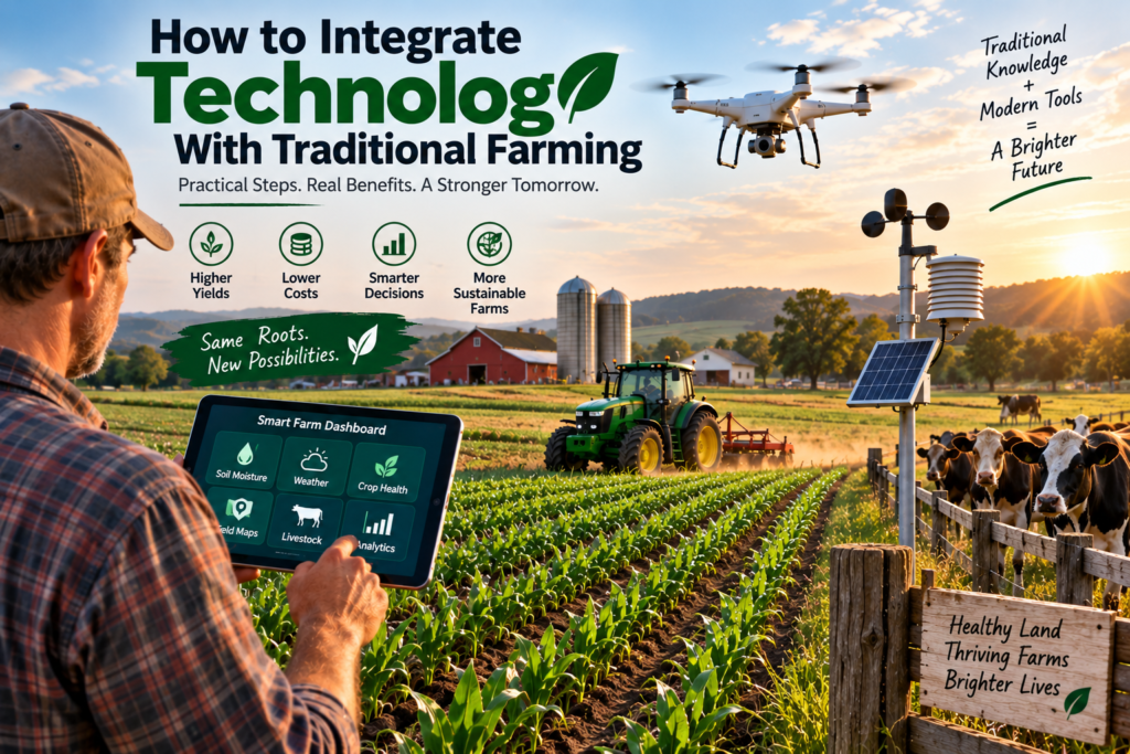 How to Integrate Technology With Traditional Farming : A Practical U.S. Guide Farmer using smart farming technology with a tablet, drone, GPS tractor, weather sensor and livestock on a traditional U.S. farm.