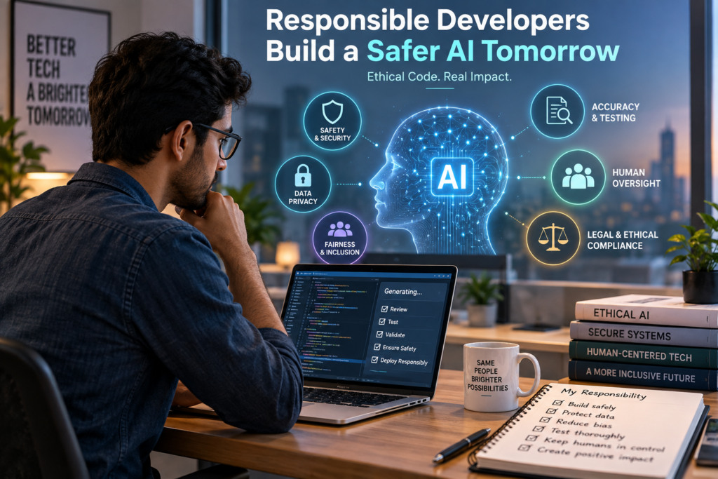 What Is the Responsibility of Developers Using Generative AI? Developer using generative AI responsibly with focus on safety, privacy, fairness, testing, human oversight, and ethical compliance.