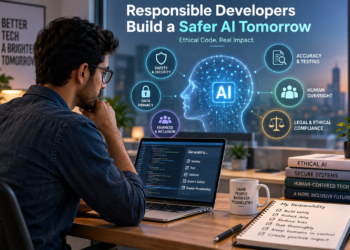 Developer using generative AI responsibly with focus on safety, privacy, fairness, testing, human oversight, and ethical compliance.