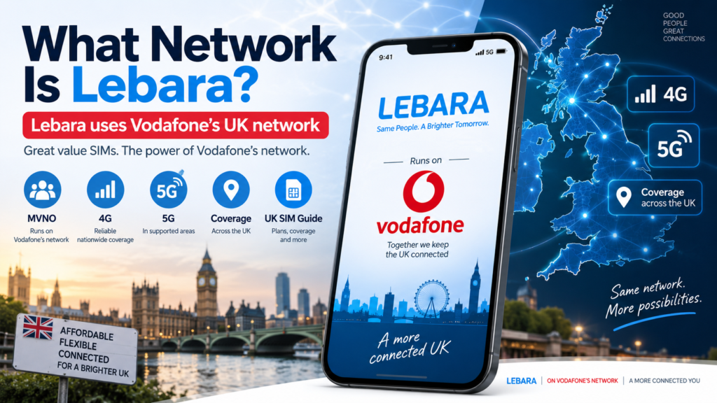 What Network Is Lebara ? UK Network, Coverage and 5G Explained Lebara mobile using Vodafone’s UK network with 4G, 5G and nationwide coverage shown on a UK map