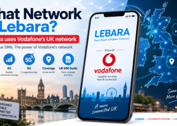 Lebara mobile using Vodafone’s UK network with 4G, 5G and nationwide coverage shown on a UK map