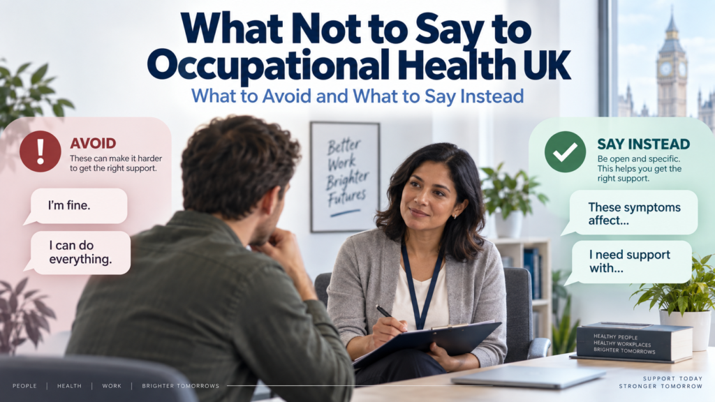 Occupational Health UK consultation showing what employees should avoid saying and what to say instead during an assessment.