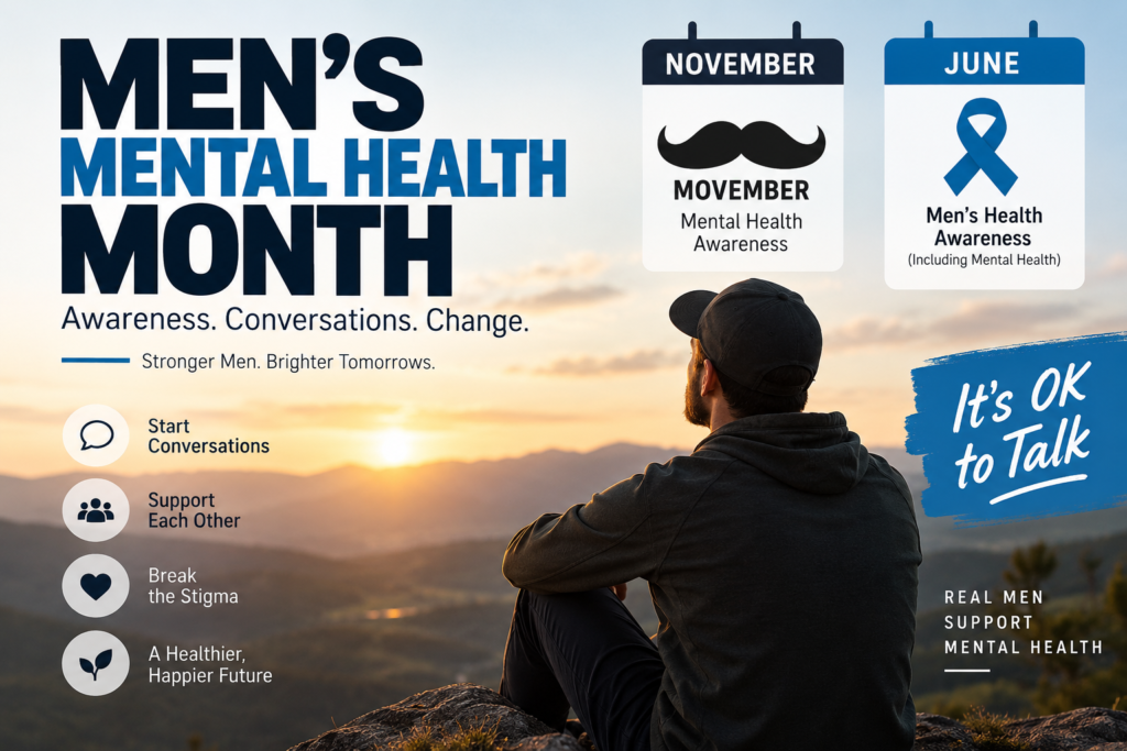 Mens Mental Health Month awareness image highlighting November Movember and June Men’s Health Month