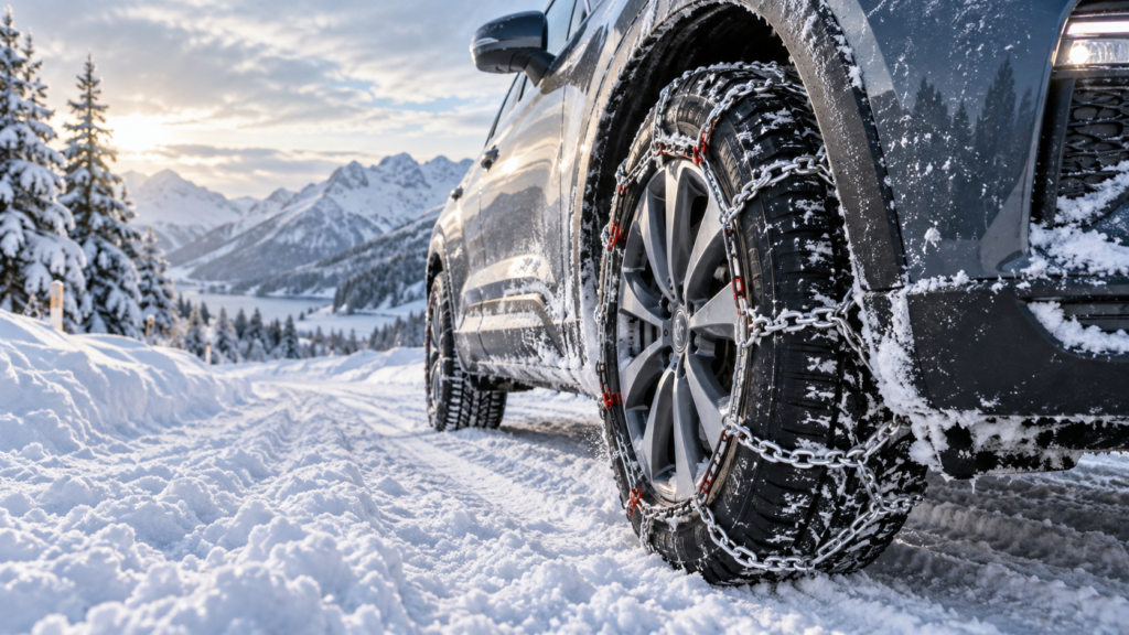Snow chains fitted to a car tyre on a deep snow-covered road to improve traction and help prevent skidding.