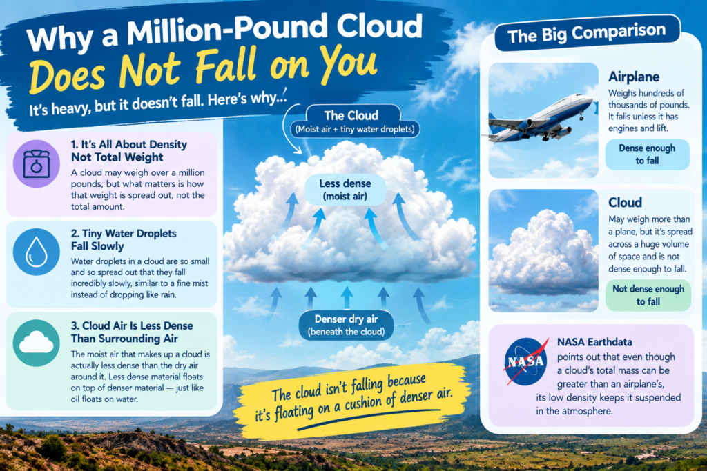 Why a million-pound cloud does not fall, explained through cloud density and tiny water droplets