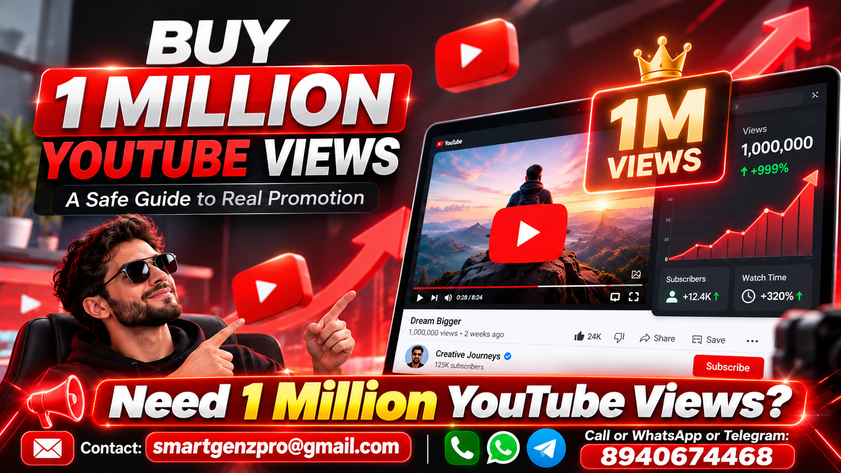 Buy 1 Million YouTube Views promotional graphic showing YouTube growth analytics, 1M views milestone, creator promotion