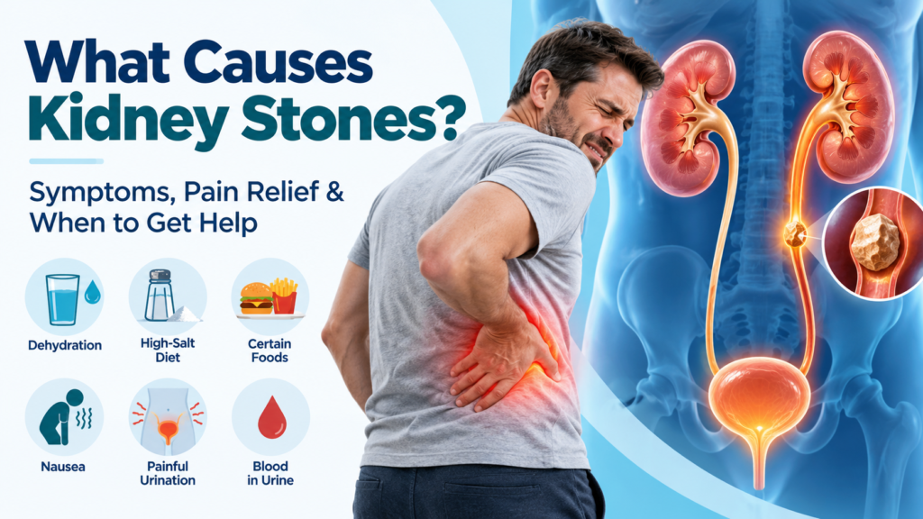 Kidney stone infographic showing a man with severe lower back pain, the kidneys and urinary tract, and common causes and symptoms including dehydration, high-salt diet, nausea, painful urination and blood in urine.